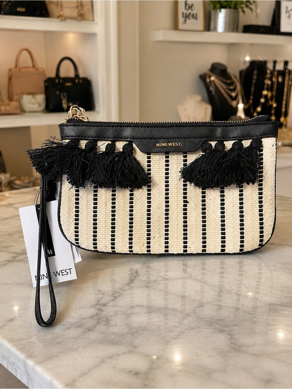 NWT Nine West Astoria Ticking Stripe Tassel Wristlet Clutch